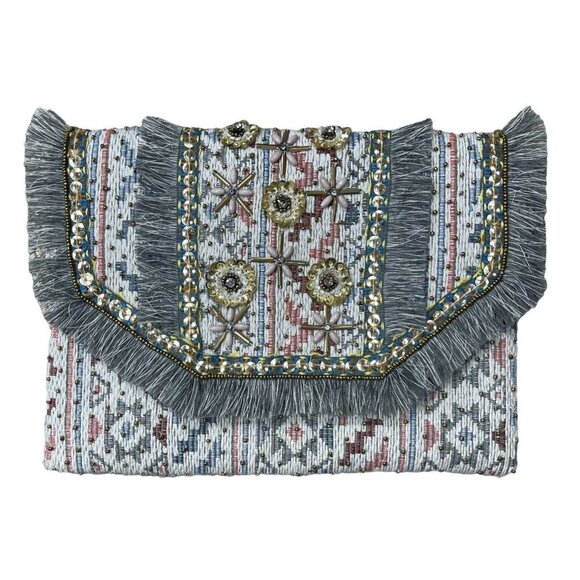 Versona Tweed Sequin Handbag Purse Envelope Bag Crossbody Grey Blue - Picture 2 of 9